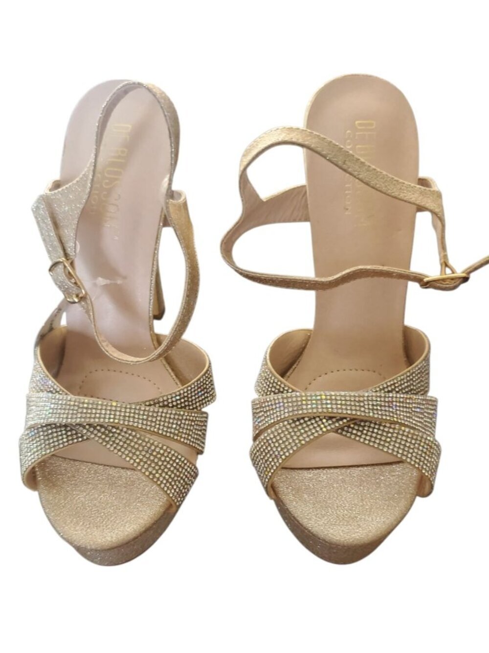 De Blossom Womens Rhinestone Gold Glitter Platform Heels Champagne Size 8